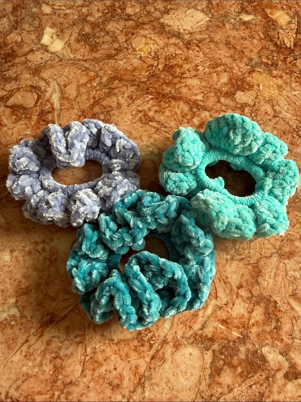 Plush Chunky Crochet Velvet Scrunchie - Blue & Teal Set